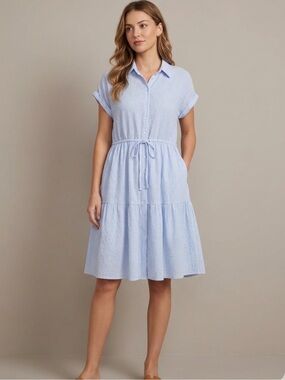 Bêcool Blue Striped Tiered Shirt Dress w Pockets Size Large Cottagecore Summer